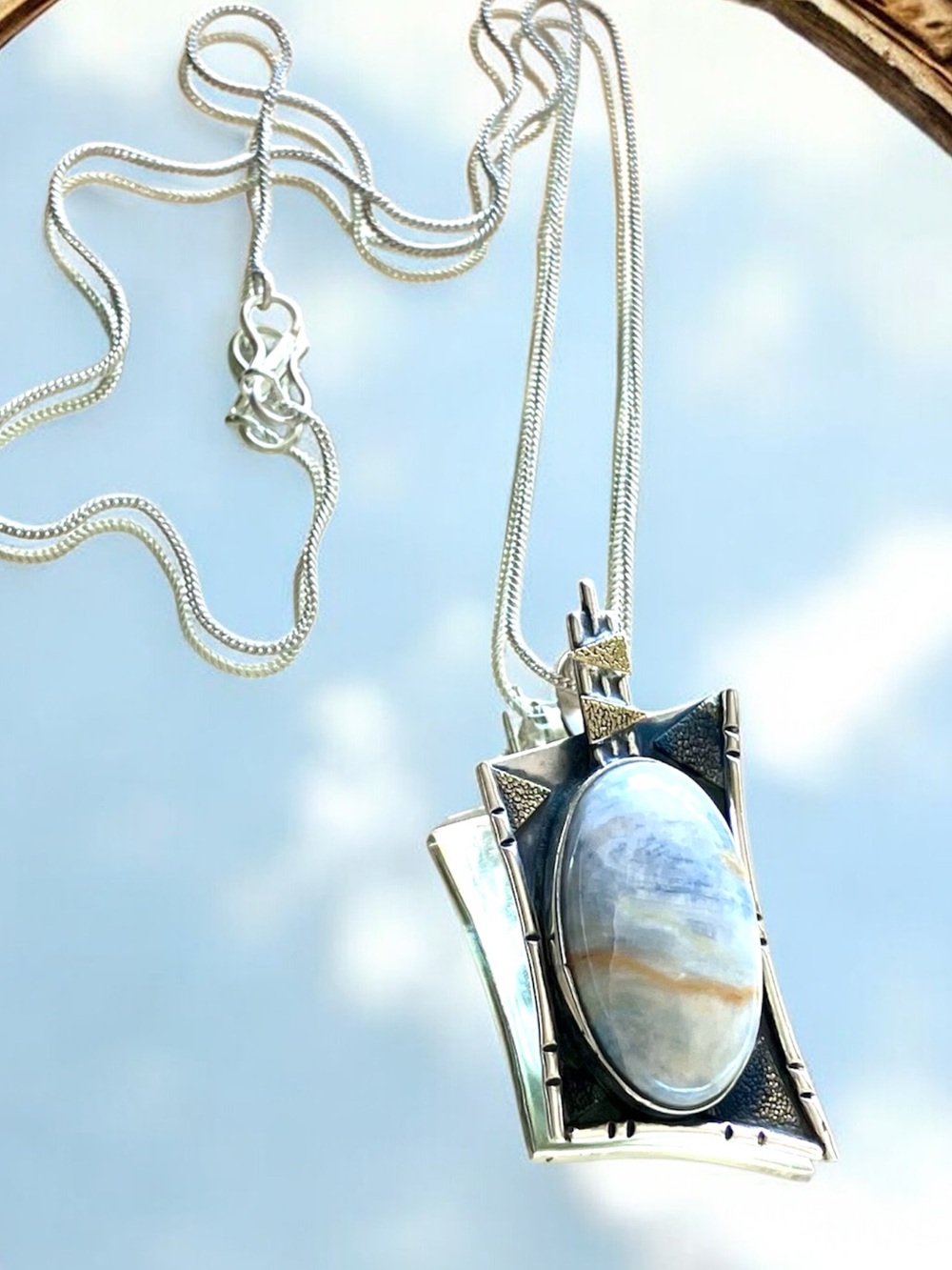 Artisan Silver and Gold Oval Scheelite Pendant Necklace